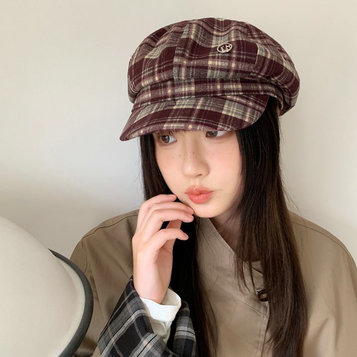 英伦风格子八角帽女秋冬季百搭格纹鸭舌贝雷帽日系休闲复古画家帽|undefined