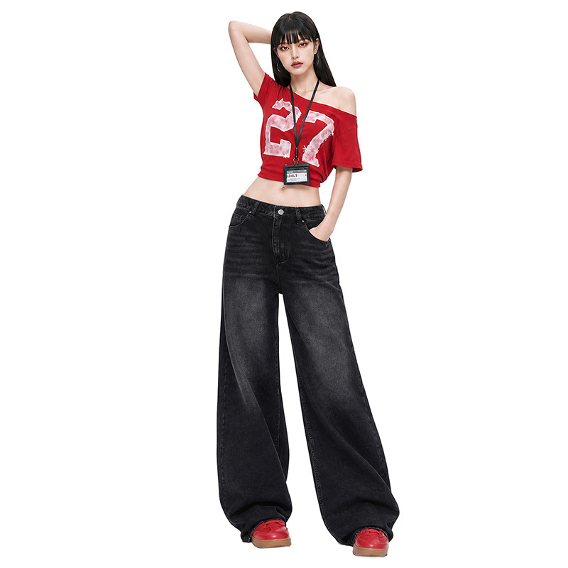 Versatile Black and Gray American-Style Wide-Leg Jeans for Women, Slim Straight Wide-Leg Pants, Cropped & Full-Length & Extended Length