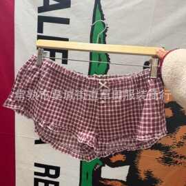BM风 甜美红色格子短裤女蝴蝶结松紧腰百搭休闲裤bm辣妹风热裤