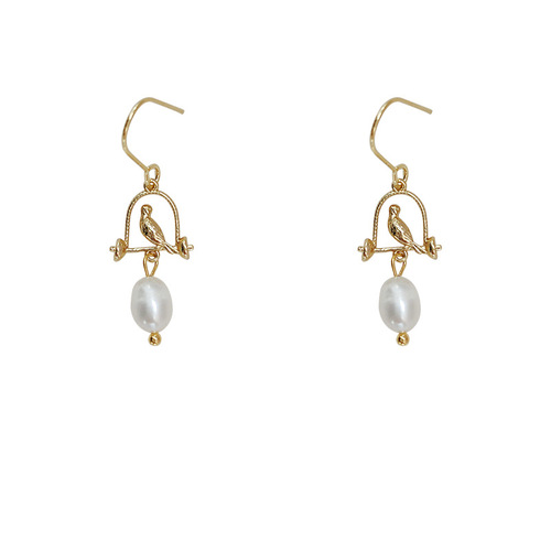 Caged Bird~French Retro Freshwater Pearl Bird Earrings Women's Court Style Handmade Simple Temperament Earrings Factory