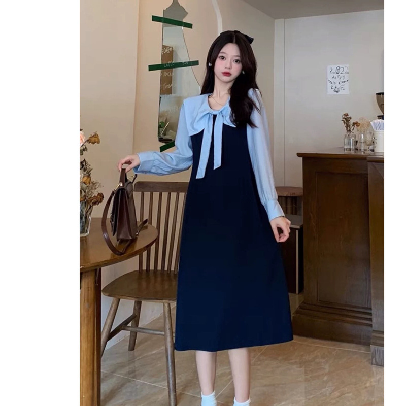 赫本风翻领设计感蝴蝶结长袖连衣裙女早秋新款气质显瘦撞色长裙潮|undefined
