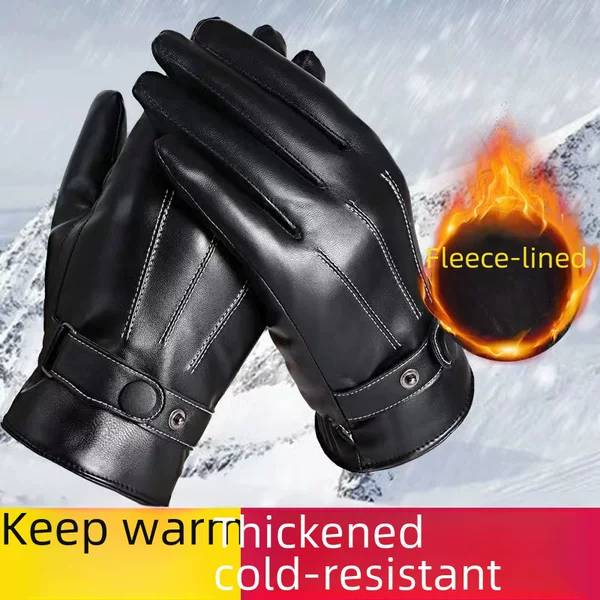 Winter three-line men's thickened PU leather gloves fashion classic men's three-line leather gloves black thickened gloves