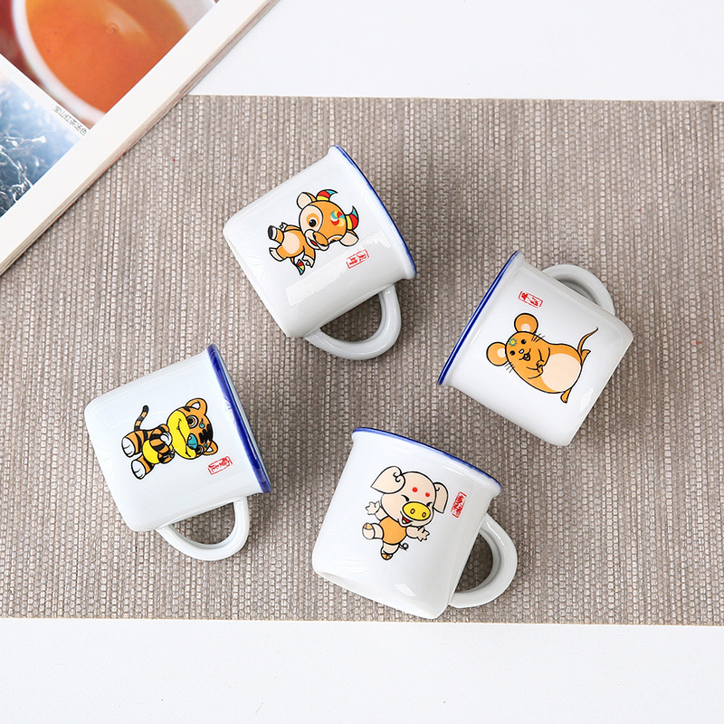 Taza de cerámica de dibujos animados para niños chinos Taza de desayuno Taza de leche Taza de enjuague bucal Taza de esmalte de imitación retro nostálgico del zodiaco