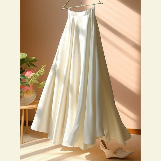 Cool White Style High Waist Dumped Slim A- line Umbrella Skirt for Small Women Light Luxury Satin Skirt for Spring