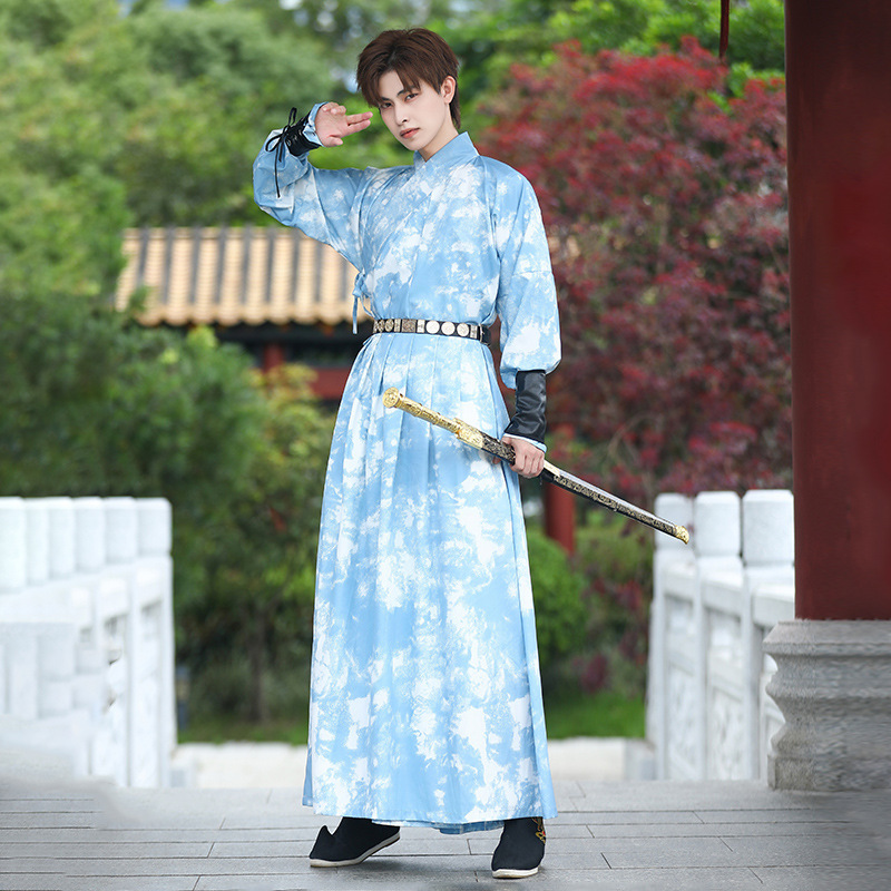 Autumn and Winter New Chinese Style Men's Blue Long-Sleeved Printed Hand-Collar Robe Antique Style Daily Hanfu Leather Belt suit for Men