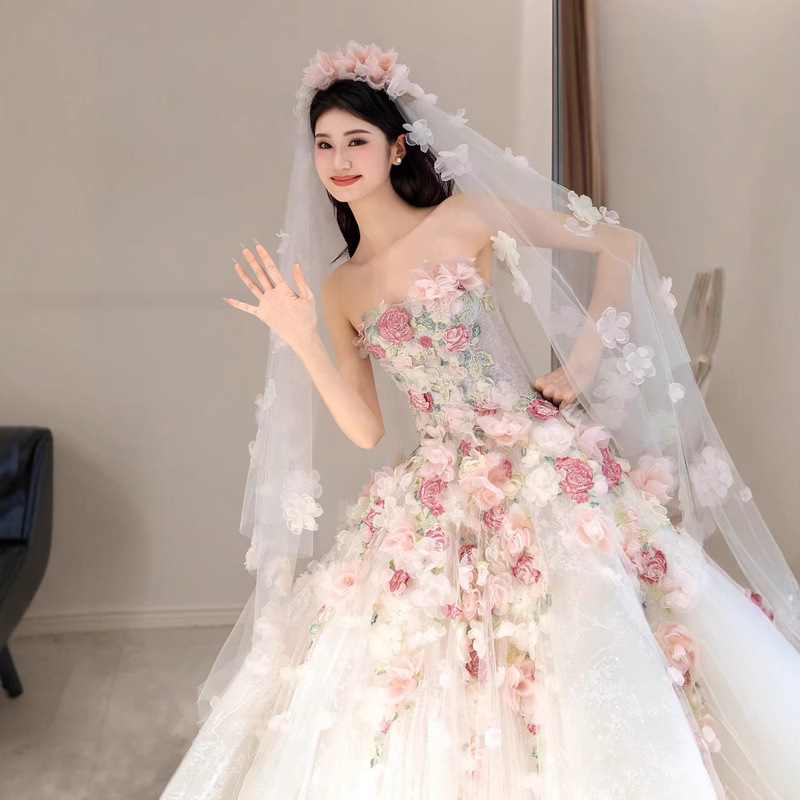 Flower Fairy Light Wedding Dress with a High-End Feel 2026 New Style Strapless Runaway Princess Colorful Gauze Rose Flower Coming-Of-Age Ceremony Evening Dress