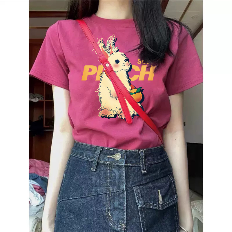 Dropshipping Raspberry Color Right Shoulder T-Shirt Summer New Korean Style Retro Casual Loose Pure Cotton Short-Sleeved Women's Top