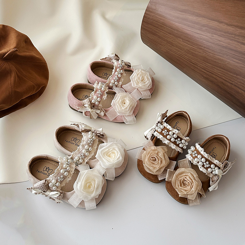 Girls' Floral Shoes, New Autumn Vintage Style, Floral Round-Toe Ballet Shoes with Cross-Tie Design, Gentle for Girls