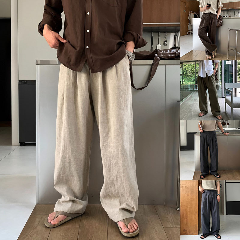 Thin, Lightweight, Mature-Style Linen Blend Double Pleated Semi-Elastic Waist Straight-Leg Pants for Men, Cross-Border Factory Wholesale, Cross-Border Linen