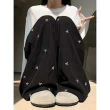 黑色刺绣蝴蝶结山本裤女夏季薄款松弛感高腰小个子遛弯冰丝拖地裤