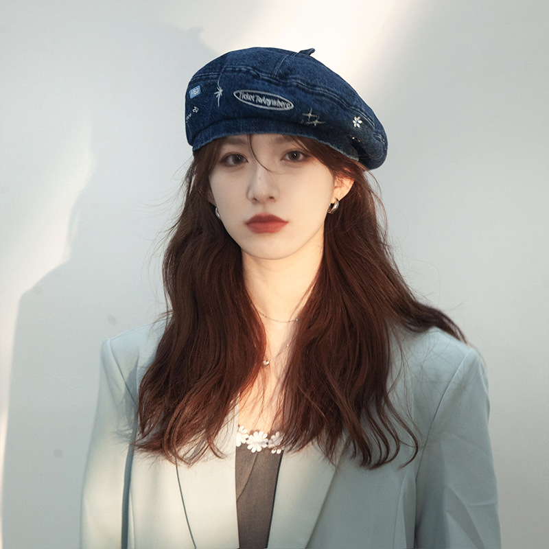 Boina de vaquero con bordado de letras mujeres verano y otoño estrellas calabaza gorra pintor gorra grande cara gorra pequeña