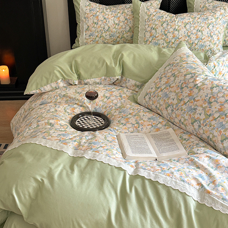 Nordic French Vintage Boho French-style Floral Four-piece Set, Pure Cotton Lace Vintage Bedding For Girls, Student Dormitory Three-piece Set_voghion.com