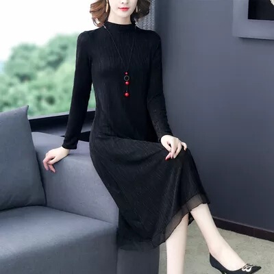 Trendy Middle-Aged Elegant Mother's Base Dress Autumn and Winter Long-Sleeve Dress with Fleece Thickened New Style for Women