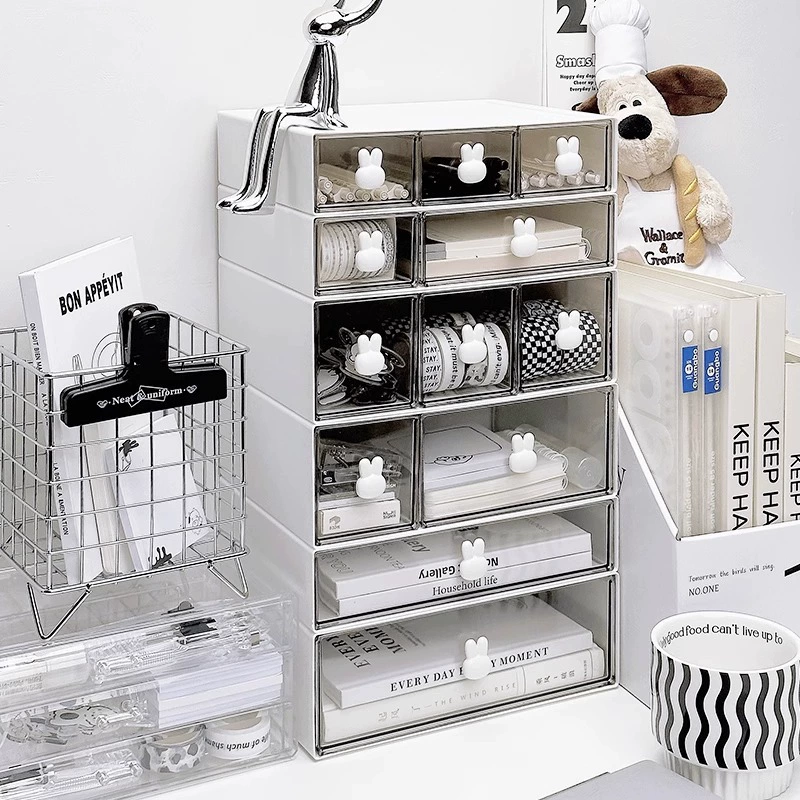 Desk Drawer Organizer, White Plastic Desktop Storage Box with Rabbit Handle, Multi-Size