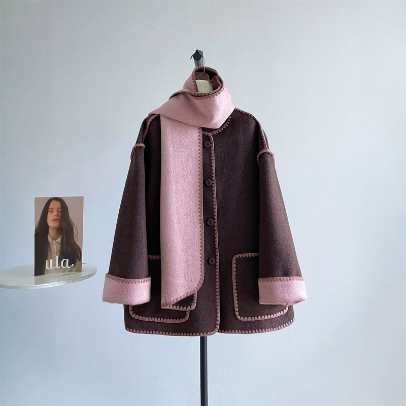 Shell-pattern woolen coat for women, autumn and winter, color-blocking, loose-fitting, short style, double-sided wool, casual new coat N117 Shell-pattern woolen coat for women, autumn and winter, color-blocking, loose-fitting, short style, double-sided wool, casual new coat N117