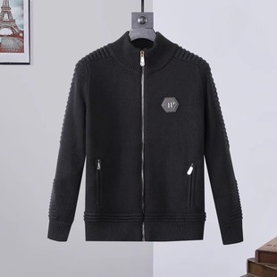 Philipplan European and American fashion brand men's sweater solid color stand collar zipper casual thickened warm PP sweater men