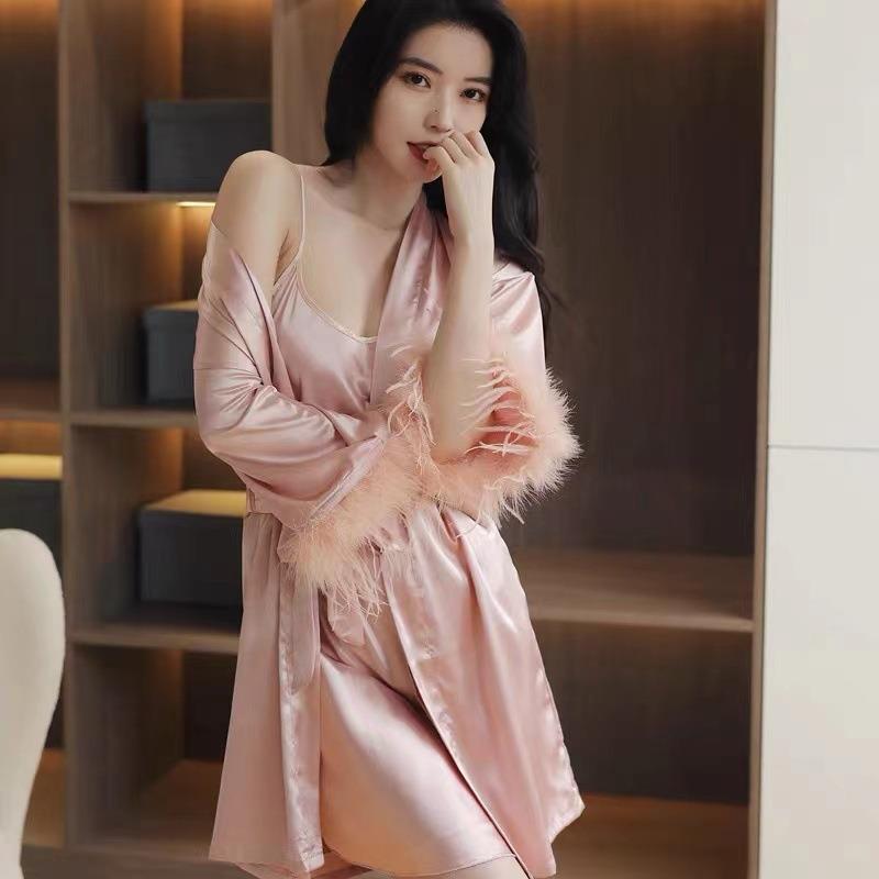 [Happy Moments] Spring and Autumn Feather Bride Morning Gown French Wedding High-class Wedding Nightgown Ice Silk Bridesmaid Pajamas