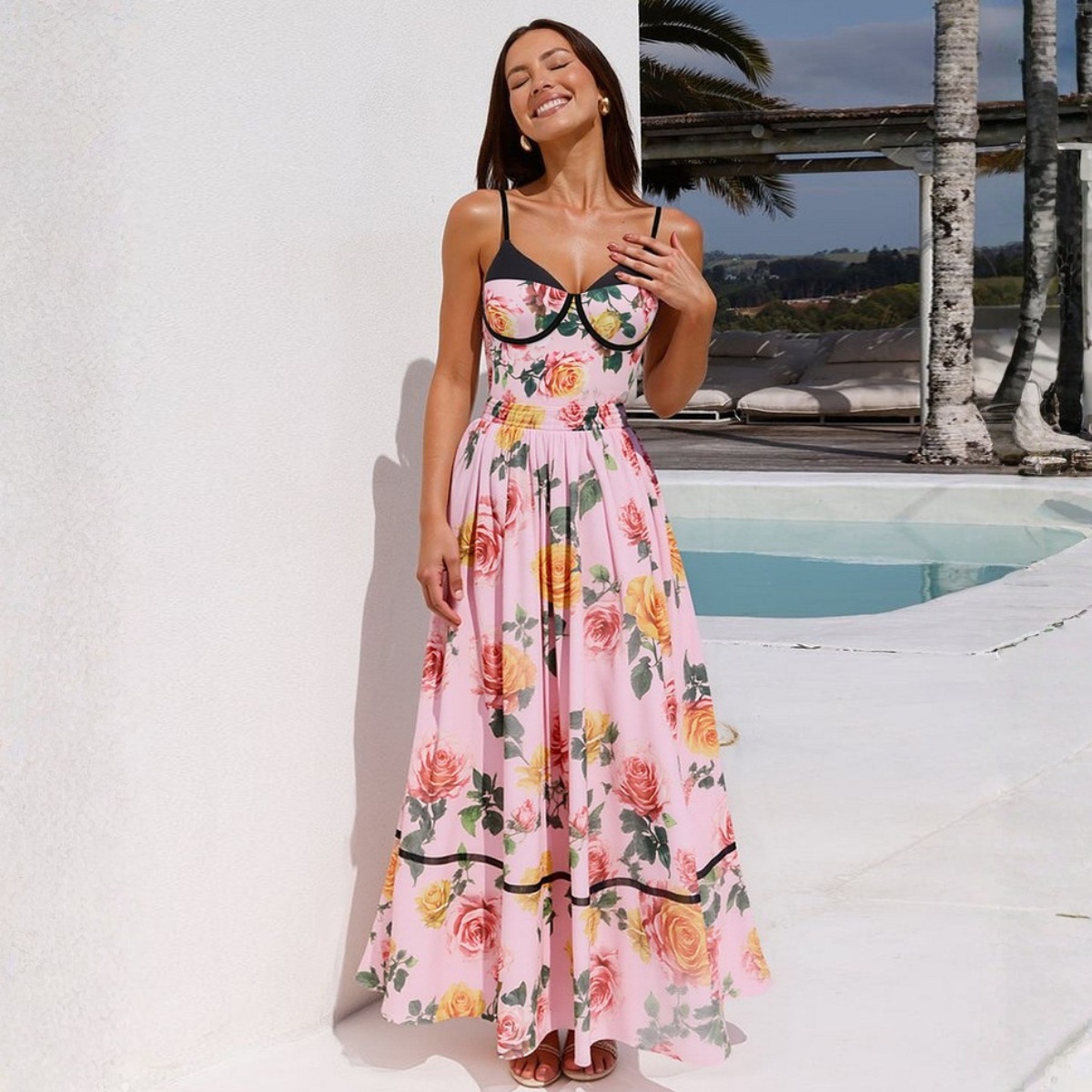 Women's Pink One Piece Swimsuit Tummy Concealing Slimming European American Style For Beach Vacation_voghion.com