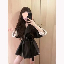 甜酷风黑色皮衣外套女秋季新款中古财阀收腰气质显瘦风衣夹克上衣