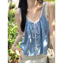 甜美森系蓝色格子蕾丝假两件吊带背心女夏季韩版宽松外穿无袖上衣