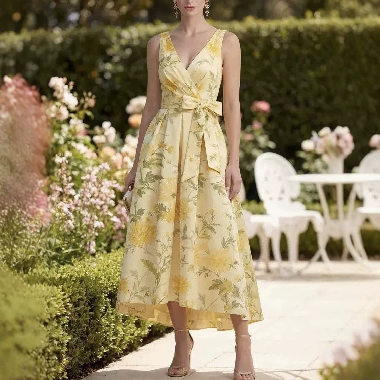 European and American Foreign Trade Summer Women's Floral Print V-Neck Pleated A-Line Long Wedding Guest Dress European and American Foreign Trade Summer Women's Floral Print V-Neck Pleated A-Line Long Wedding Guest Dress