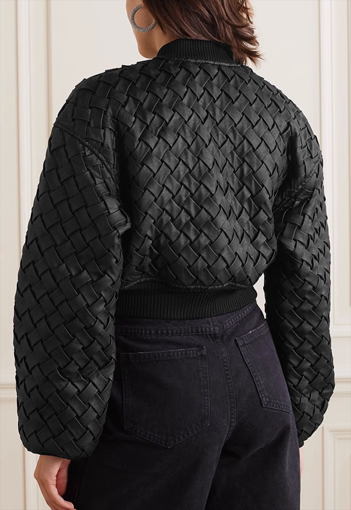 Niche Romantic Black Woven Design Texture Zipper Flight Suit Short Coat Mini Sheath Skirt Outfit