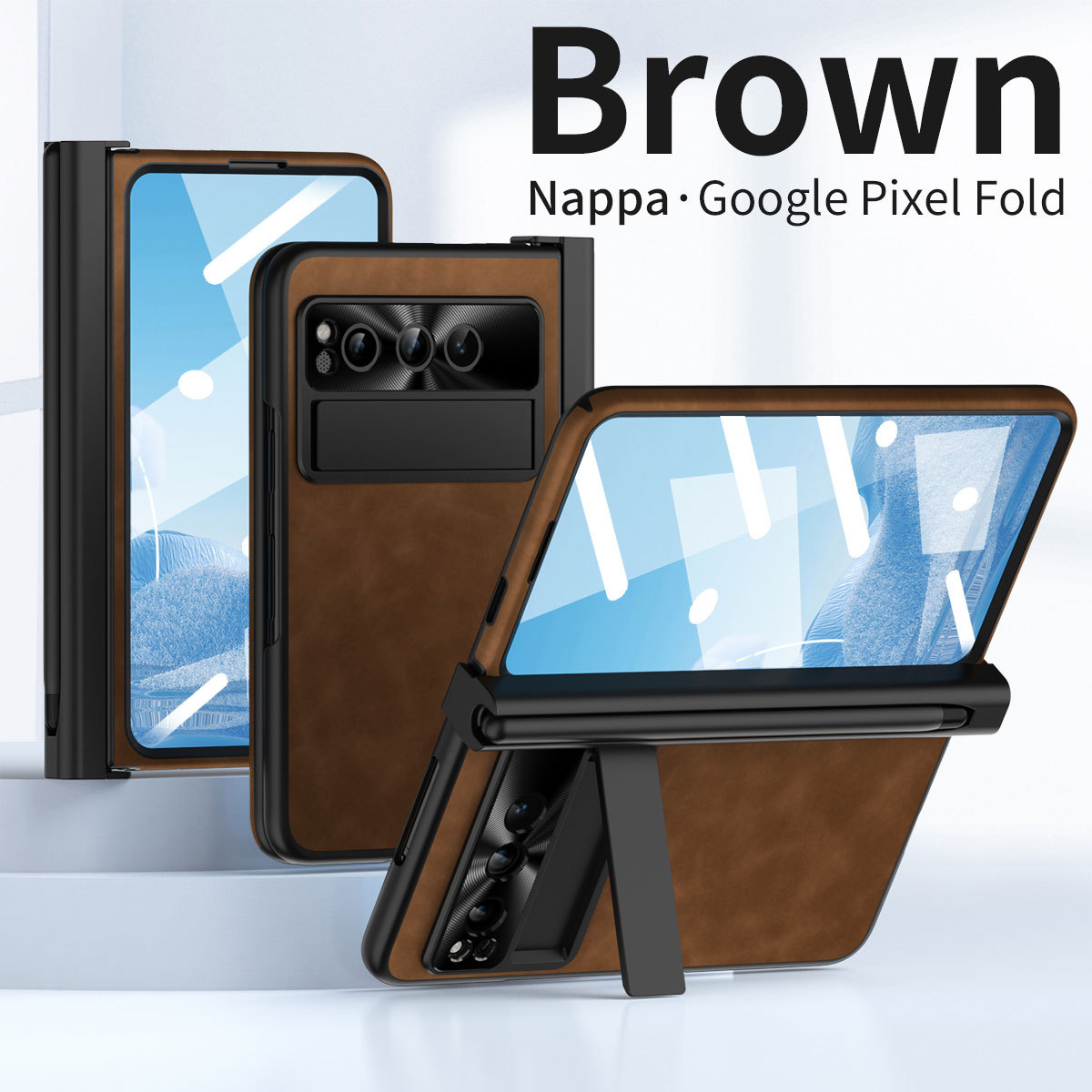 Compatible With Google Phone Pixel Fold Plain Leather Foldable Shockproof Pen Slot Hinge Protective Case_voghion.com