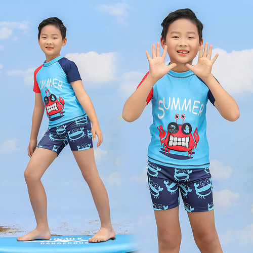 Children's swimwear set for boys, split two-piece set for small, medium, and large children, sun protection quick-dry swim trunks, cute baby hot spring swimsuit