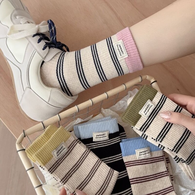 Korean Style Color-Blocked Cloth Letter Micro-Pressure Socks Black and White Socks for Women Spring and Summer Cotton Bottom Mid-Calf Socks Breathable Stripes