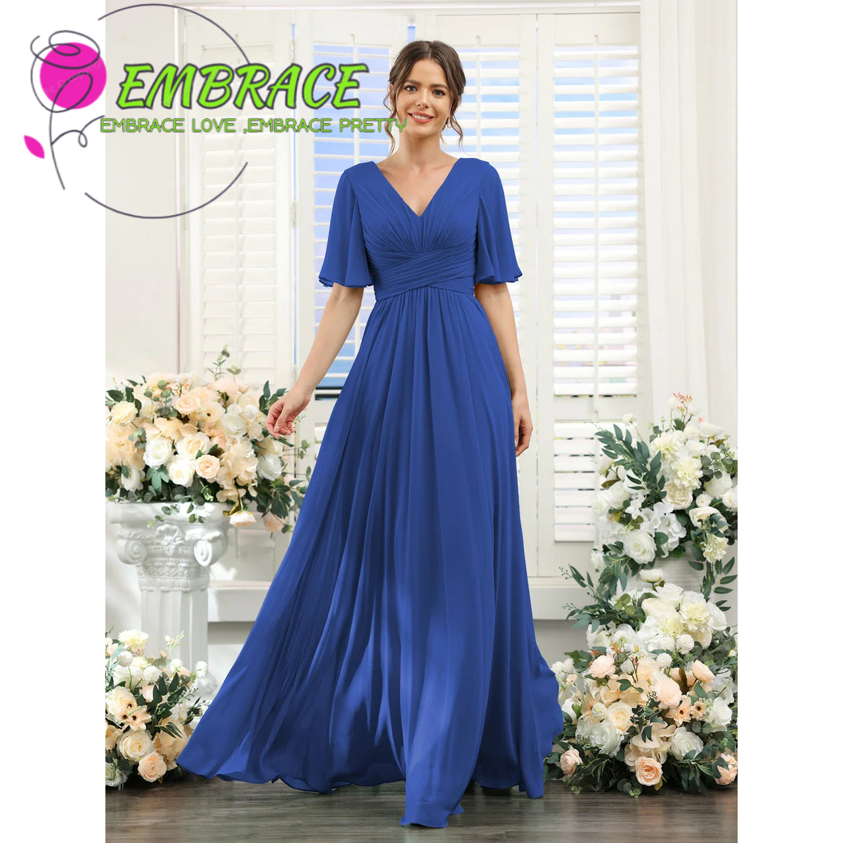 Verano nuevo vestido de noche de chiffon europeo y americano V-collar mangas mariposa novia vestido de damas de honor anfitriona de la fiesta vestido largo