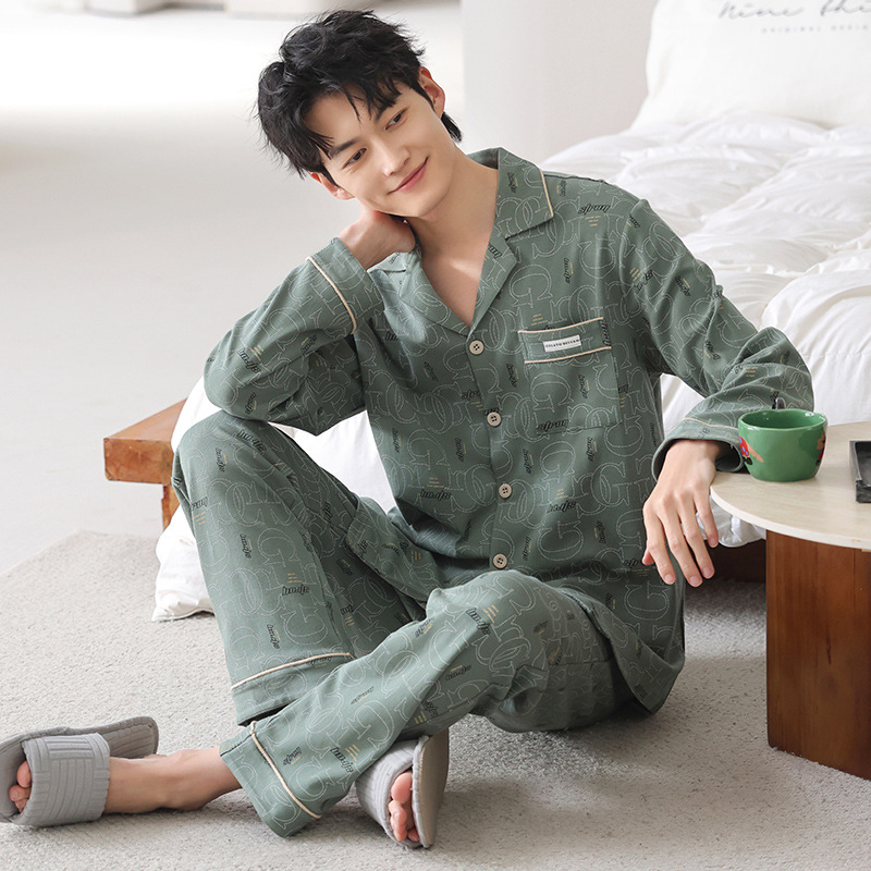 Pijama primavera y otoño cardigán de hombre 2025 nuevo algodón de manga larga se puede usar fuera de la versión suelta del conjunto de ropa para el hogar
