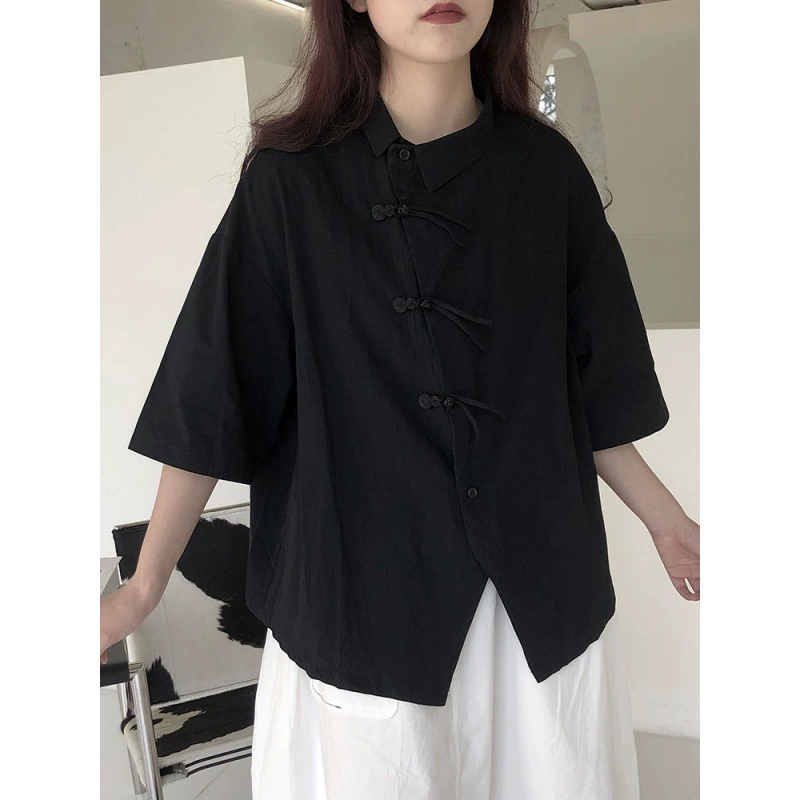 Рубашка в китайском стиле 2023 дизайн с короткими рукавами топ черный китайский стиль косой пуговицы летние свободные дикие волосы
