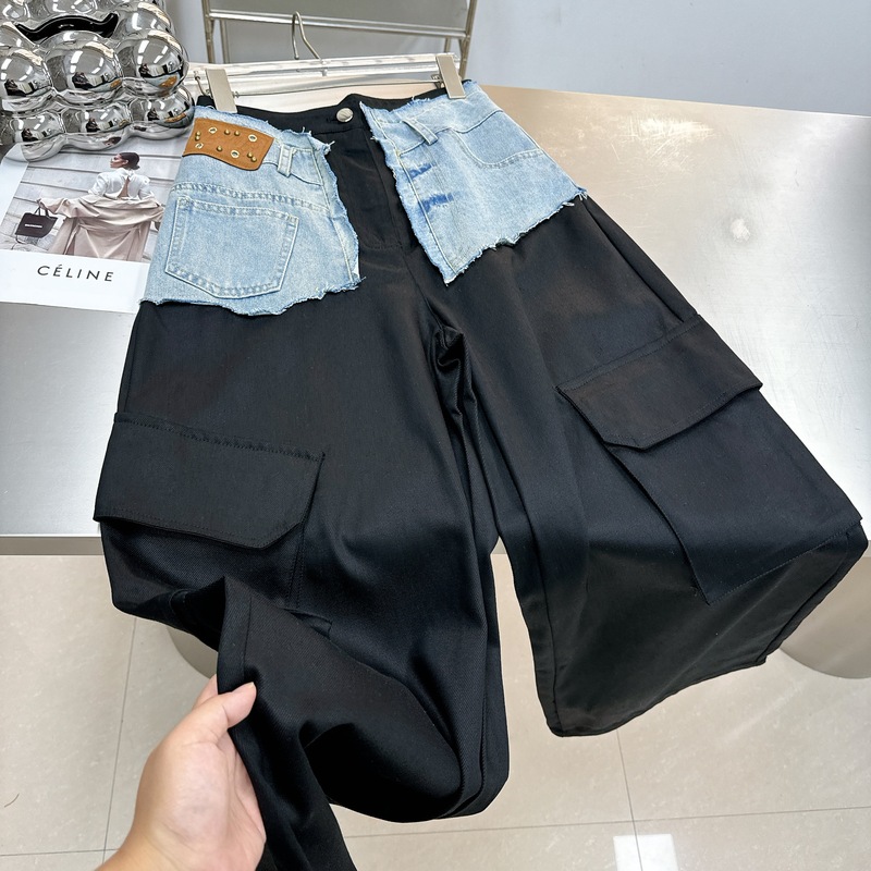 南油先锋设计毛边牛仔撞色拼接高腰工装裤女25秋季新款阔腿休闲裤|undefined