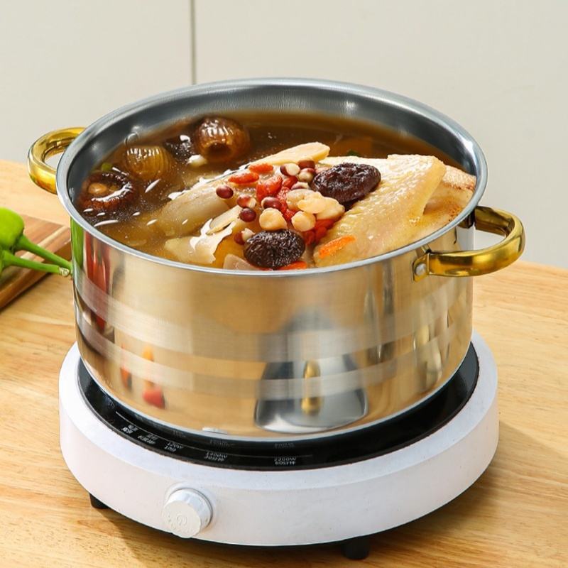 Venta caliente transfronteriza comercio exterior al por mayor acero inoxidable mango dorado juego de diez piezas olla de sopa de doble oreja de 18-26cm