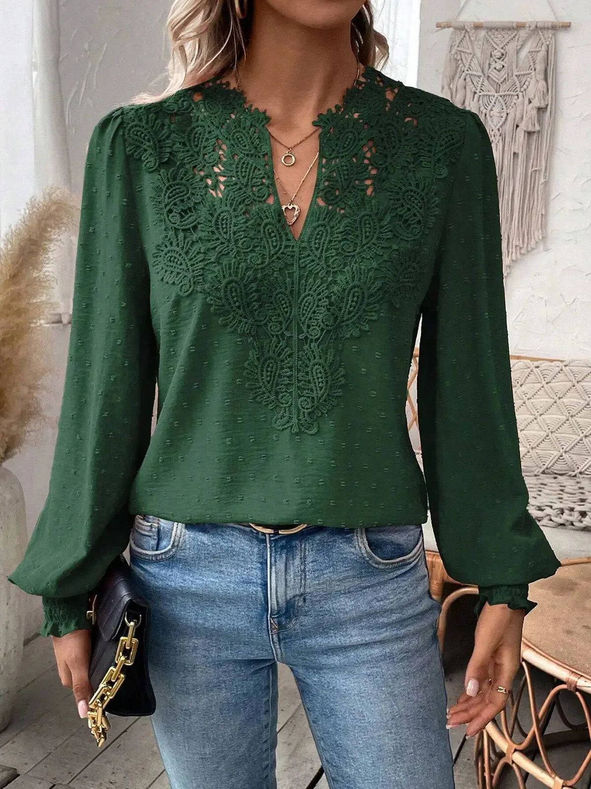 Women's New V-neck Lace Patchwork Long Sleeved Casual Shirt Women's Top_voghion.com