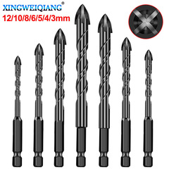 Drilling holes in wood, cement, ceramic, and glass. Alloy triangular drill. Hexagonal handle spiral groove four-edged cross drill bit.