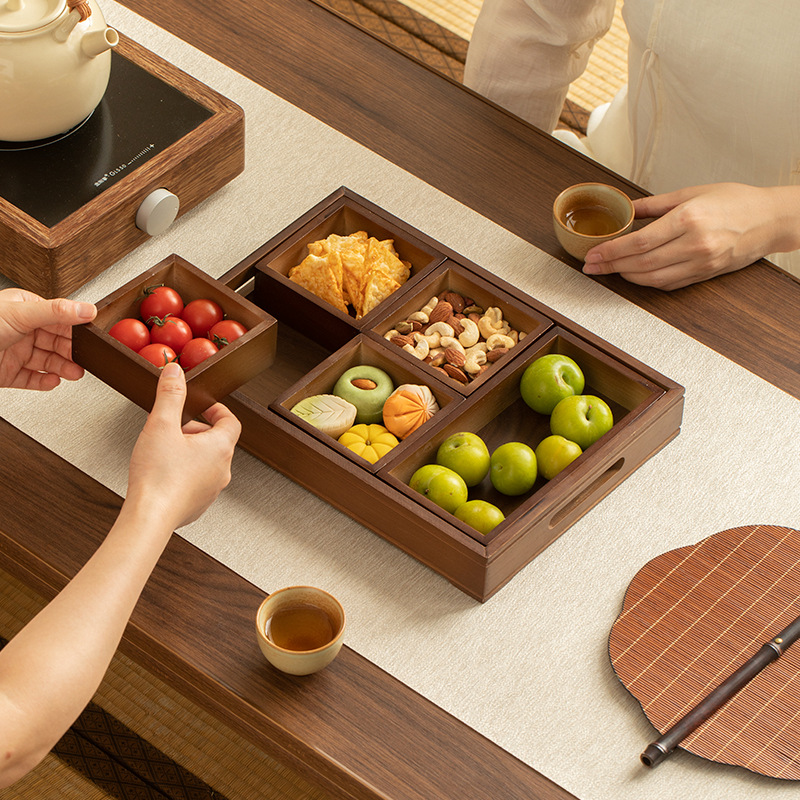 2025 Modern Creative Tableware Retro Bamboo Divided Plate Set Multi-Compartment Snack Plate for Appetizers