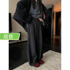 起毛ブラックジーンズレディース冬ストレートワイドレッグパンツレトロフロアレングスパンツルーズパンツ
