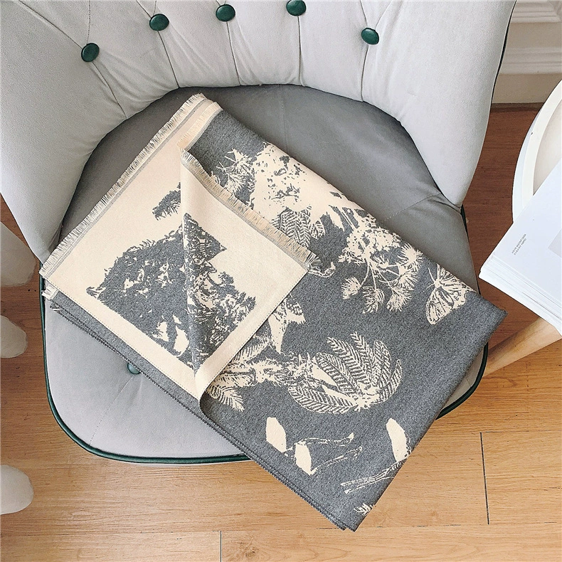 Ethnic cartoon keep warm demi-season scarf, cloak made of faux fur with tassels, ethnic style, print, increased thickness