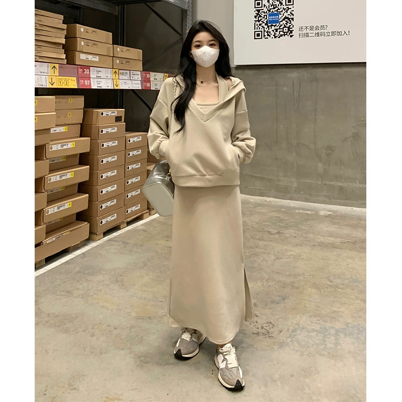 Дизайн большой размер осенний и зимний толстый мм модный набор женский свободный с капюшоном V-образный свиток платье из двух частей