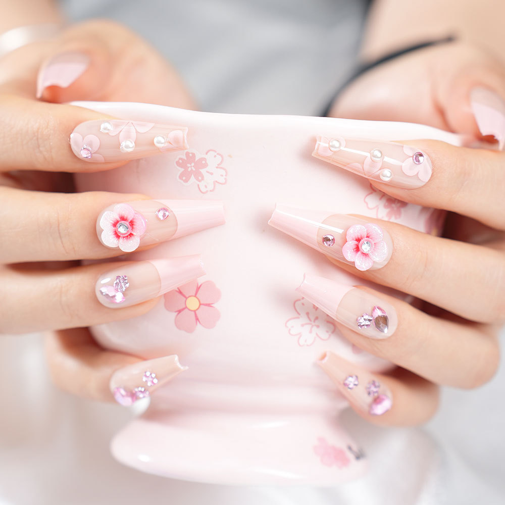 Pink Cute Manicure Wearable French Flower 24-Piece Nail Stickers Nail Art Pieces in Stock Wholesale