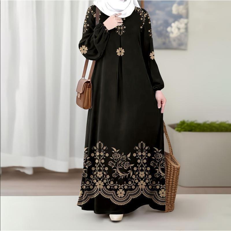 Bohemian Floral Maxi Dress – Loose Fit Long Sleeve With Ethnic Print (S-5XL, Polyester Blend, Round Neck)_ecoleips.com