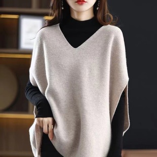 Autumn and Winter New Sweater Vest Women's Bat Sleeve V-neck Waistcoat Loose Outer Wear Lazy Style Pullover Sweater