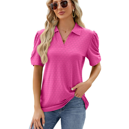 Amazon European and American cross-border foreign trade 2024 spring and summer new solid color V-neck short-sleeved loose T-shirt top for women