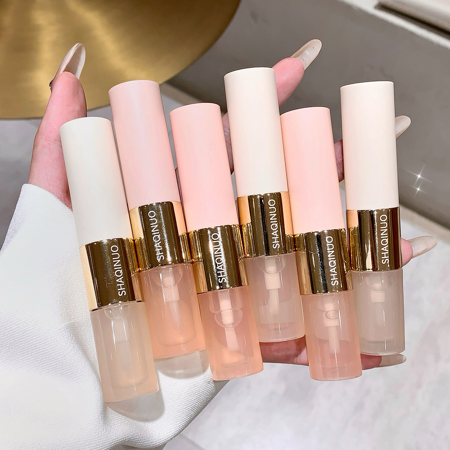 SHAQINUO Doble cabeza de color fijo chaqueta de lluvia lápiz labial mate maquillaje tierno doble textura agua transparente aceite labial al por mayor