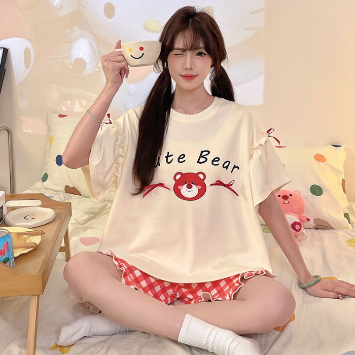 Venta al por mayor transfronteriza nuevos pijamas mujeres verano imitación algodón jersey pantalones cortos de manga corta lindo cachorro traje de servicio a domicilio de dibujos animados