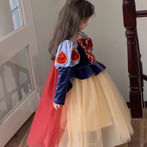 Baby Girl Disney 1st Birthday High-Quality Pom-Pom Dress Gown for Girls, Snow White Dress Autumn Clothes for Children