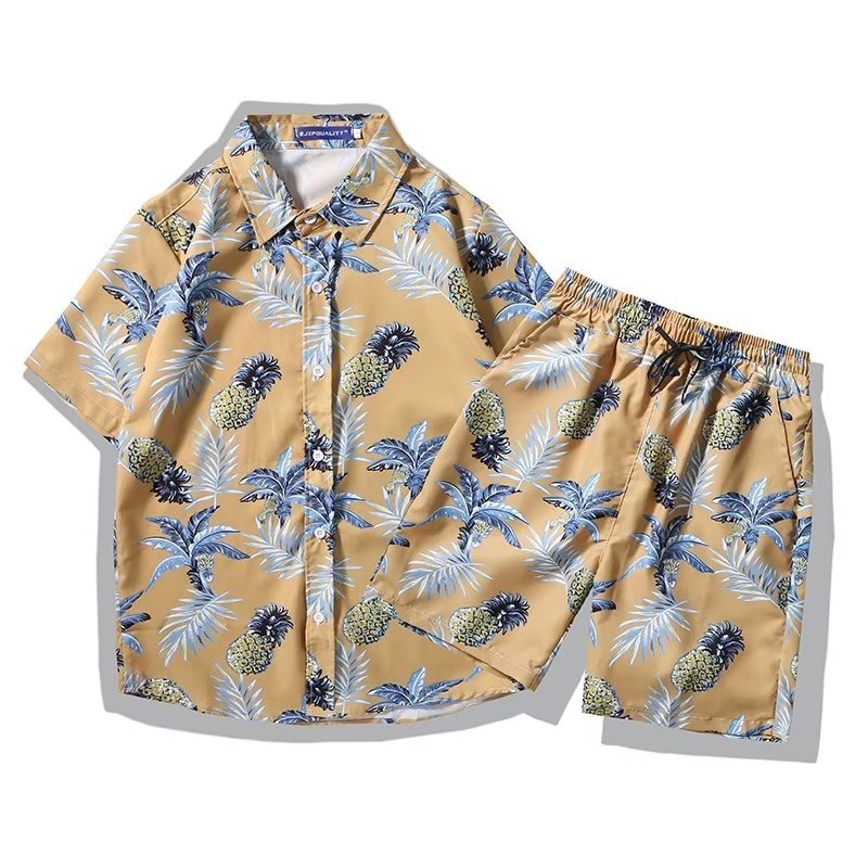 Men's Tropical Print Short Sleeve Shirt And Shorts Set, Quick-Dry Hawaiian Beach Outfit, Matching Couple Vacation Two-Piece Set​_viptrois.com