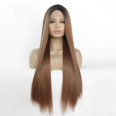 Marrón largo recto frente de encaje fibra química peluca de seda de alta temperatura mano gancho de fábrica LW0055