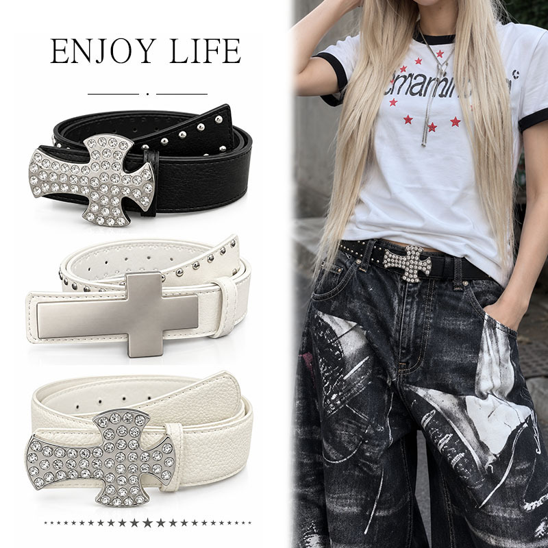 Gothic Style Belt, Cross Belt, Y2K Style Rivet Belt, Fashionable New Leather Belt, Personalized Retro Belt